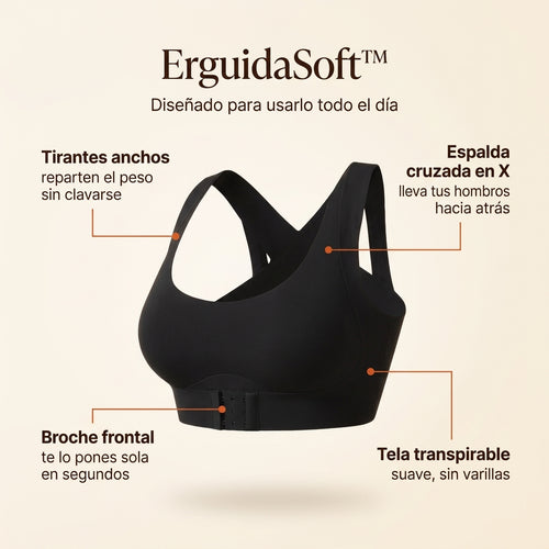ErguidaSoft: tirantes anchos, espalda cruzada en X, broche frontal, tela transpirable